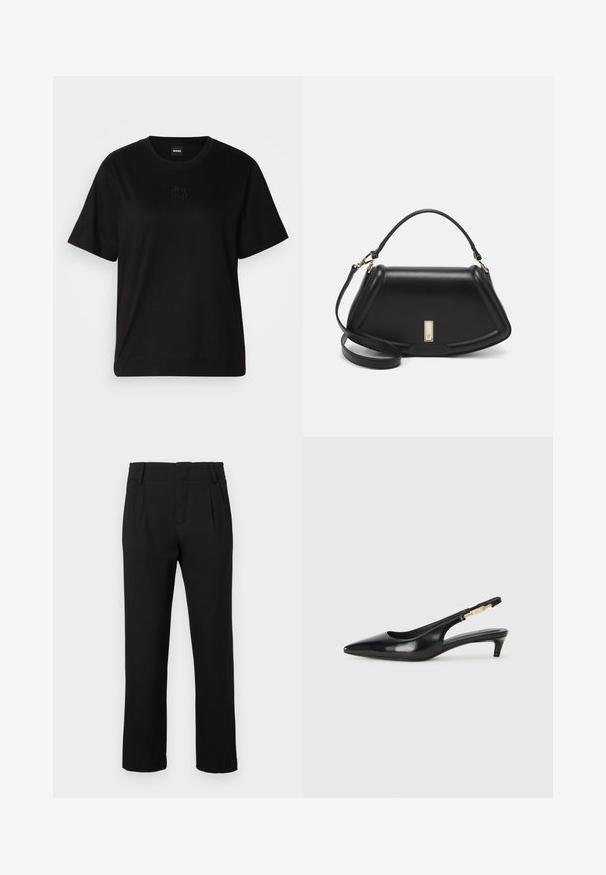 Maglietta in cotone nera con scollatura tonda, maniche corte e logo ricamato sul petto. Design semplice e vestibilità rilassata senza motivi.; Pantaloni neri a gamba dritta con passanti per cintura, tasche laterali e pieghe frontali, mostrati su uno sfondo bianco uniforme.; Tacchi slingback in pelle nera con punta affusolata, caratterizzati da un tacco alto e un accento dorato sulla cinghia regolabile. Texture liscia.; Borsa a mano in pelle nera con un design strutturato, caratterizzata da una forma corta, manico superiore e accessori in metallo dorato. Inclusa tracolla regolabile.