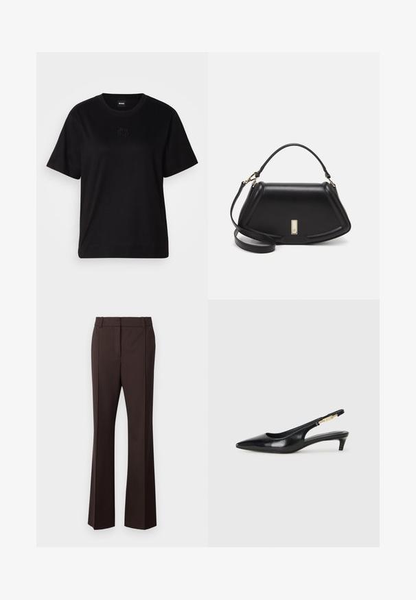 T-shirt en coton noir avec un col rond, des manches courtes et un logo brodé sur la poitrine. Coupe simple et décontractée sans motifs.; Samsøe Samsøe SALOT TROUSERS  - Pantalon classique - chocolate torte; Talons hauts en cuir noir avec un bout pointu, dotés d'un talon fin et d'un accent en ton or sur la lanière réglable. Texture lisse.; Sac à main en cuir noir avec un design structuré, featuring une forme cropped, une poignée supérieure et des accents en matériel doré. Bandoulière réglable incluse.