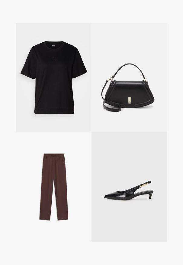 Schwarzes Baumwoll-T-Shirt mit Rundhalsausschnitt, kurzen Ärmeln und aufgesticktem Logo auf der Brust. Einfacher, lässiger Schnitt ohne Muster.; Dunkelbraune gerade geschnittene Hose mit elastischem Bund und dezentem Frontnahtdetail auf einem weißen Hintergrund.; Schwarze Leder-Slingback-Pumps mit spitzem Schuhblatt, ausgestattet mit einem schlanken Absatz und einem goldfarbigen Akzent am verstellbaren Riemen. Glatte Textur.; Schwarze Lederhandtasche mit einem strukturierten Design, das eine verkürzte Form, einen oberen Griff und goldfarbene Hardware-Details aufweist. Verstellbarer Schulterriemen ist enthalten.