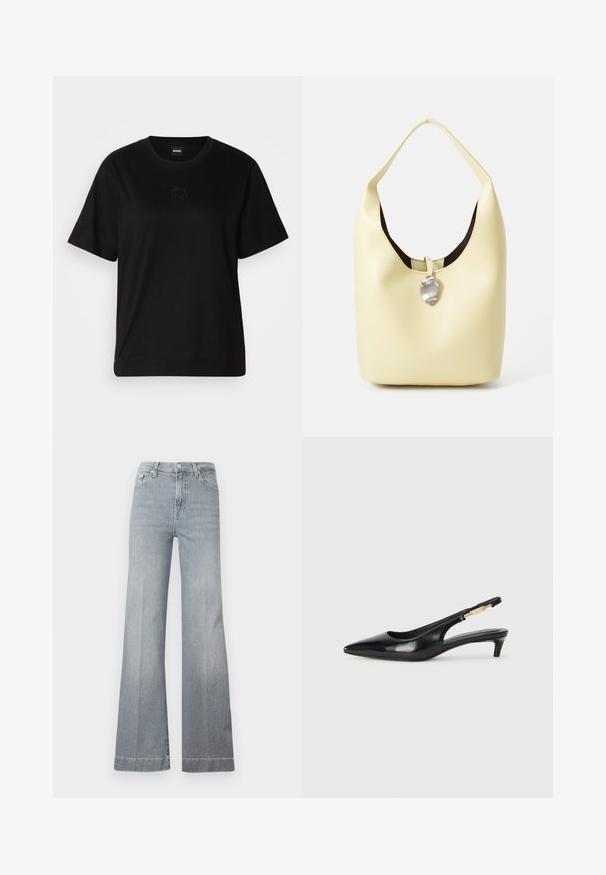 Melna kokvilnas T-krekls ar apaļu izgriezumu, īsām piedurknēm un izšūtu logotipu uz krūtīm. Vienkāršs, brīvs piegriezums bez rakstiem.; Gai pelēki, augstā vidukļa izplešu džinsi no denima. Nagi pieci kabatas, priekšējā pogu aizdare un tīrs apakšmalas izskats ar vieglu izbalējumu uz kājām.; Melnas ādas slingback zābaki ar smailu purngalu, ar šauru papēdi un zelta krāsas akcentu uz regulējama siksniņas. Gluda tekstūra.; Mīkstas dzeltenas ādas hobo soma ar noapaļotu formu. Izceļas ar gludu virsmu, tumšu iekšējo oderi un sudrabkrāsas akcentu aizdarei.