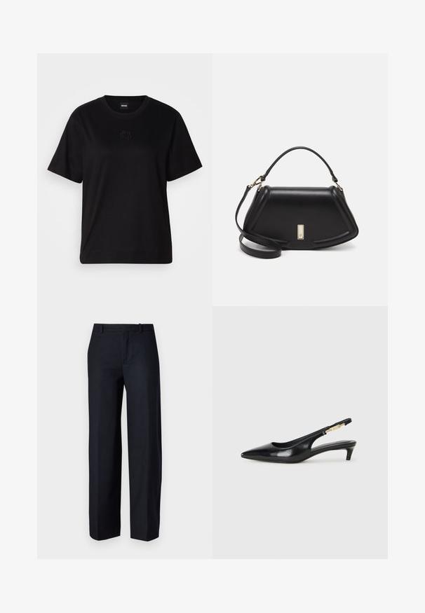 T-shirt en coton noir avec un col rond, des manches courtes et un logo brodé sur la poitrine. Coupe simple et décontractée sans motifs.; DRYKORN DESK - Pantalon classique - blue; Talons hauts en cuir noir avec un bout pointu, dotés d'un talon fin et d'un accent en ton or sur la lanière réglable. Texture lisse.; Sac à main en cuir noir avec un design structuré, featuring une forme cropped, une poignée supérieure et des accents en matériel doré. Bandoulière réglable incluse.