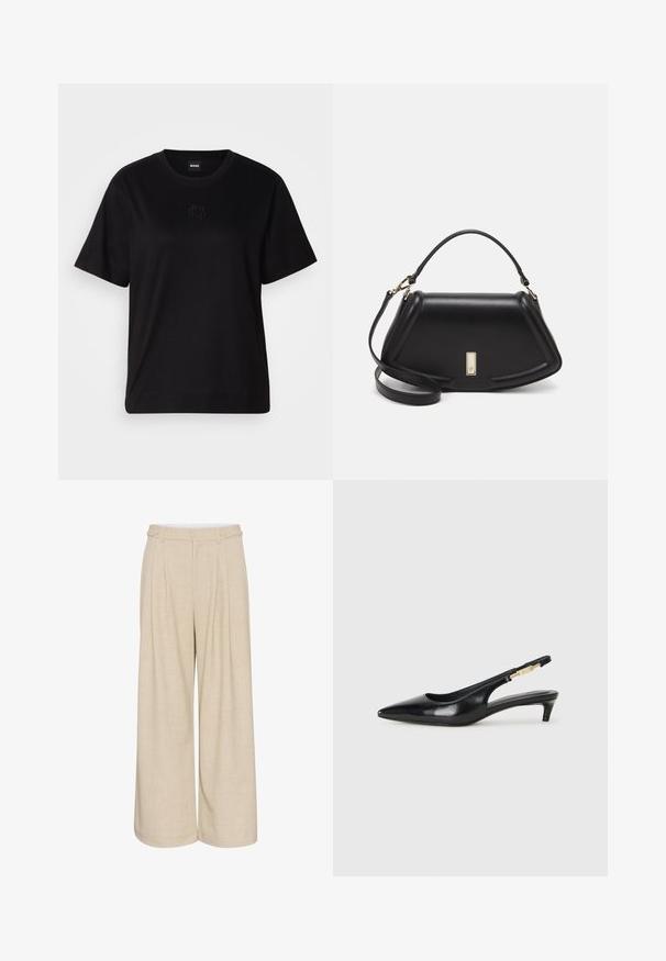 Camiseta de algodón negra con cuello redondo, mangas cortas y un logo bordado en el pecho. Ajuste simple y relajado sin patrones.; Pantalones de pierna ancha beige en una tela texturizada con un diseño de cintura alta, que cuentan con dos botones frontales y bolsillos laterales dobles para mayor utilidad.; Tacones negros de piel sintética tipo slingback con punta afilada, que cuentan con un tacón delgado y un detalle en tono dorado en la correa ajustable. Textura suave.; Bolso de mano de cuero negro con un diseño estructurado, que presenta una forma recortada, asa superior y acentos en dorado. Correa de hombro ajustable incluida.