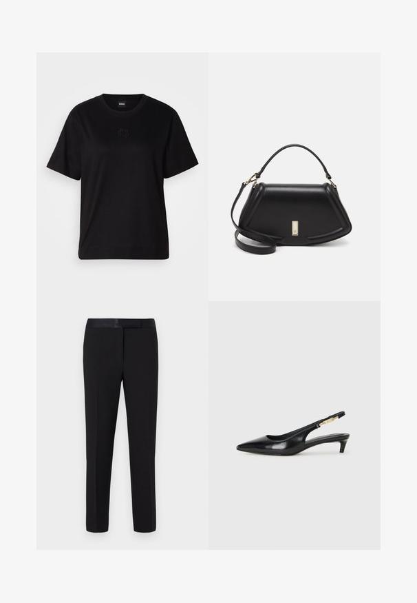 Zwarte katoenen t-shirt met een ronde hals, korte mouwen en een geborduurd logo op de borst. Eenvoudige, comfortabele pasvorm zonder patronen.; Zwarte broek met een gladde textuur, rechte snit en een satijnen tailleband. Heeft minimale details en geen zichtbare patronen of accenten.; Zwarte leren slingback hakken met een spitse neus, voorzien van een slanke hak en een goudkleurige accent op de verstelbare band. Gladde textuur.; Zwarte leren handtas met een gestructureerd ontwerp, featuring een verkorte vorm, bovenhandvat en gouden hardwareaccent. Inclusief verstelbare schouderband.