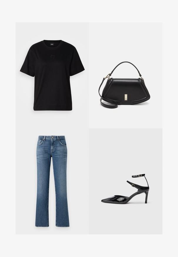 Musta puuvillapaita, jossa on pyöreä kaula-aukko, lyhyet hihat ja brodeerattu logo rinnassa. Yksinkertainen, rento istuvuus ilman kuvioita.; Sininen farkut, joissa on lievennetty lahjesuunnittelu, viisi taskua ja edessä nappikiinnitys, sekä keskimäri vyötärö ja kulunut pinta.; Mustat lakatut korkokengät, joissa on terävä kärki, säädettävät nilkkahihnat ja hoikka korko. Suora pinta, joka näyttää kiiltävältä.; Mustalla nahkalaukulla, jossa on jämäkkä muotoilu, lyhyt malli, yläkahva ja kultaiset yksityiskohdat. Säädettävä olkahihna sisältyy.