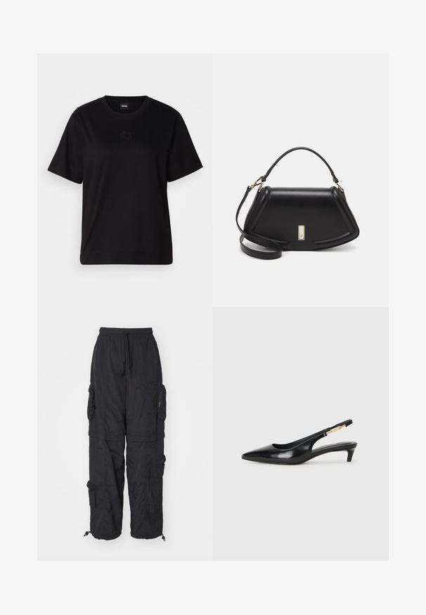 Black cotton t-shirt with a crew neckline, short sleeves, and an embroidered logo on the chest. Simple, relaxed fit with no patterns.; Black cargo pants made of lightweight material, featuring multiple zippered pockets, an elastic waistband, and adjustable ankle cuffs.; Black leather slingback heels with a pointed toe, featuring a slim heel and a gold-tone accent on the adjustable strap. Smooth texture.; Black leather handbag with a structured design, featuring a cropped shape, top handle, and gold hardware accent. Adjustable shoulder strap included.