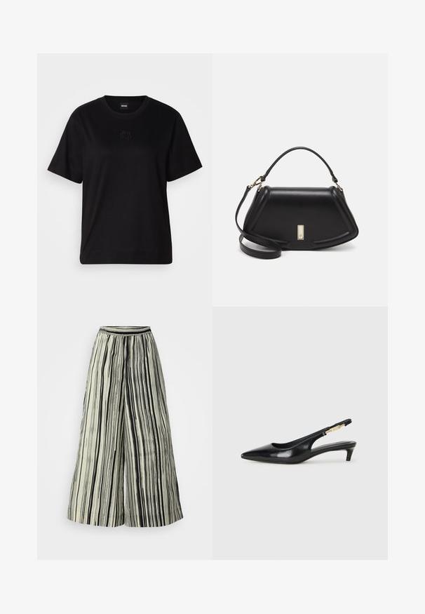 Zwarte katoenen t-shirt met een ronde hals, korte mouwen en een geborduurd logo op de borst. Eenvoudige, comfortabele pasvorm zonder patronen.; Wijdvallende broek in crème met verticale zwarte strepen. Voorzien van een elastische tailleband en een zachte stoftextuur, waardoor een vloeiende silhouet ontstaat.; Zwarte leren slingback hakken met een spitse neus, voorzien van een slanke hak en een goudkleurige accent op de verstelbare band. Gladde textuur.; Zwarte leren handtas met een gestructureerd ontwerp, featuring een verkorte vorm, bovenhandvat en gouden hardwareaccent. Inclusief verstelbare schouderband.