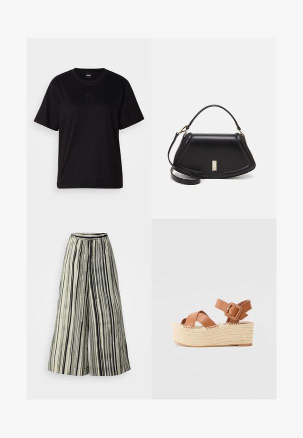 Black cotton t-shirt with a crew neckline, short sleeves, and an embroidered logo on the chest. Simple, relaxed fit with no patterns.; Wide-leg trousers in cream with vertical black stripes. Features elastic waistband and soft fabric texture, creating a flowy silhouette.; Brown leather platform sandals with crossed straps, a buckled ankle strap, and a woven jute sole, featuring a textured finish.; Black leather handbag with a structured design, featuring a cropped shape, top handle, and gold hardware accent. Adjustable shoulder strap included.