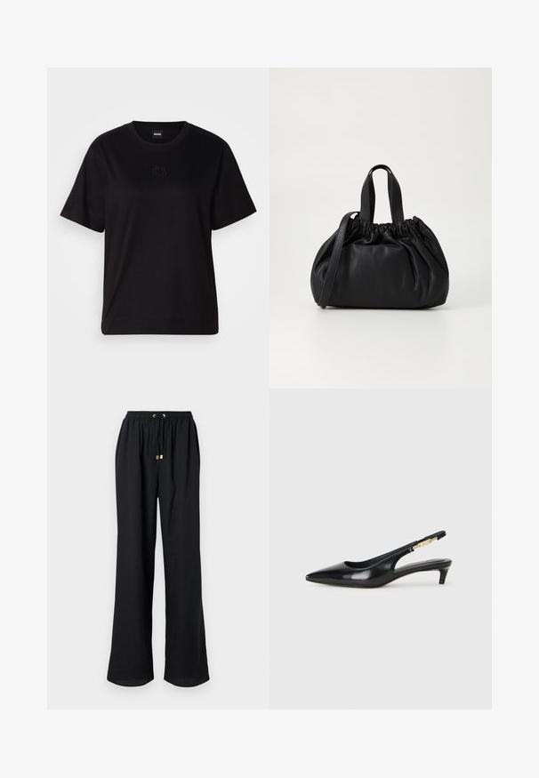 Mustmust särk, millel on ümar kaelus, lühikesed varrukad ja tindiga tikitud logo rinnal. Lihtne, mugav lõige ilma mustriteta.; Mustad, laiad püksid elastse vöökoha, tõmbluku ja kullatooniliste detailidega. Sile tekstuur ja nähtavad mustrid puuduvad.; Mustad nahast slingback kontsad terava ninaga, millel on õhuke konts ja kuldse tooni aktsent reguleeritaval rihmal. Sile tekstuur.; Mustmust mustkott mustrihmaga ülaosa disainiga, millel on kaks lühikest käepidet ja pikk reguleeritav rihm. Sile tekstuur, ümar kuju.
