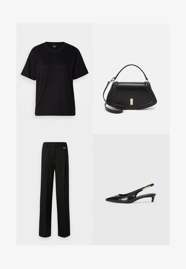 Black cotton t-shirt with a crew neckline, short sleeves, and an embroidered logo on the chest. Simple, relaxed fit with no patterns.; Black pinstriped trousers with wide legs, featuring a belt loop, button closure, and a textured fabric. Accented with subtle gold hardware.; Black leather slingback heels with a pointed toe, featuring a slim heel and a gold-tone accent on the adjustable strap. Smooth texture.; Black leather handbag with a structured design, featuring a cropped shape, top handle, and gold hardware accent. Adjustable shoulder strap included.