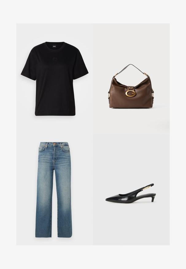 Juodas medvilninis marškinėliai su apvalia iškirpte, trumpomis rankovėmis ir siuvinėjimu ant krūtinės. Paprastas, laisvas siluetas be raštų.; Platus džinsai mėlynos spalvos, pagaminti iš džinsinio audinio, su išblukusiu apdaila, penkių kišenių dizainu, mygtuko užsegimu ir diržo kilpomis, tiesaus, laisvo kirpimo.; Juodas odinis pavasario batelių modelis su smailiu nosiu, turintis siaurą kulniuką ir auksinės spalvos akcentu reguliuojamoje juostoje. Lygi tekstūra.; Ruda odinė rankinė su tekstūruotu paviršiumi, turinti auksinės spalvos užsegimą ir vieną išlenktą petį.