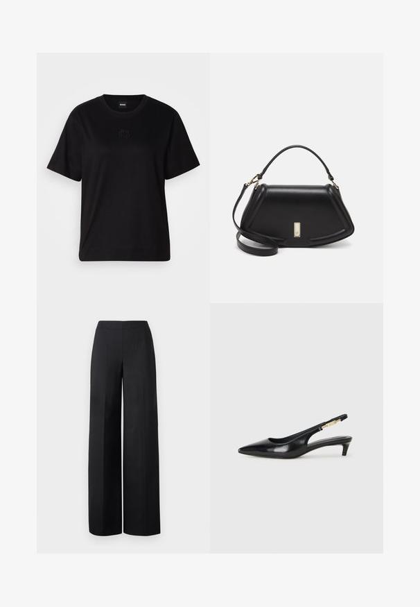 Svart bomullströja med rund halsringning, korta ärmar och en broderad logotyp på bröstet. Enkel, avslappnad passform utan mönster.; Svarta vida byxor i mjukt tyg. Har hög midja och rena, raka linjer utan synliga fickor eller utsmyckningar.; Svart läder slingback-hälar med spetsig tå, med en smal klack och en guldtonad detalj på den justerbara remmen. Slät textur.; Svart läderhandväska med en strukturerad design, som har en avskuren form, ett handtag upptill och guldiga detaljer. Justerbar axelrem ingår.