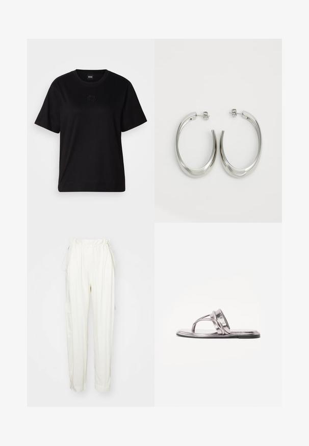 Czarny bawełniany t-shirt z okrągłym dekoltem, krótkimi rękawami i haftowanym logo na piersi. Prosty, luźny krój bez wzorów.; Kremowe spodnie z regulowanym paskiem w talii, bocznymi kieszeniami i luźnym krojem. Wykonane z miękkiego materiału o gładkiej fakturze.; Metaliczne srebrne płaskie sandały z zakrzywionym paskiem i cienką podeszwą. Posiadają pętlę na palce oraz minimalistyczny design.; Srebrne kolczyki-hoop o gładkim, zakrzywionym designie. Posiadają błyszczące metaliczne wykończenie i zapięcie na sztyft. Brak widocznych wzorów lub akcentów.