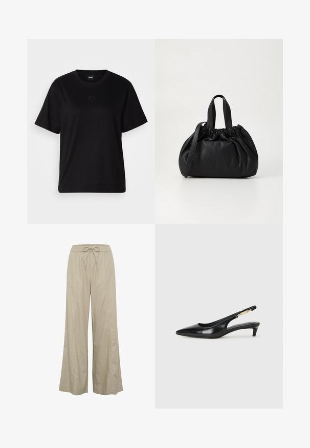 Zwarte katoenen t-shirt met een ronde hals, korte mouwen en een geborduurd logo op de borst. Eenvoudige, comfortabele pasvorm zonder patronen.; Beige wijde broek gemaakt van een lichtgewicht stof, met een elastische tailleband met trekkoord en zijzakken. Soepele textuur, minimalistisch ontwerp.; Zwarte leren slingback hakken met een spitse neus, voorzien van een slanke hak en een goudkleurige accent op de verstelbare band. Gladde textuur.; Zwarte leren handtas met een geplooid ontwerp aan de bovenkant, voorzien van twee korte handvatten en een lange verstelbare schouderband. Gladde textuur, ronde vorm.