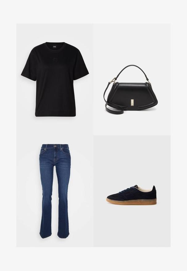 T-shirt en coton noir avec un col rond, des manches courtes et un logo brodé sur la poitrine. Coupe simple et décontractée sans motifs.; Jean bleu évasé en denim, avec une taille haute, des poches avant et des coutures contrastées. Le tissu a une texture lisse.; Baskets en daim marine avec une semelle en caoutchouc gomme, des lacets bleus et un design minimaliste. Présentent un logo embossé sur le côté et une doublure intérieure lisse.; Sac à main en cuir noir avec un design structuré, featuring une forme cropped, une poignée supérieure et des accents en matériel doré. Bandoulière réglable incluse.