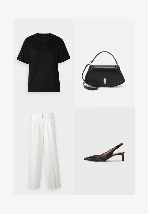 Musta puuvillapaita, jossa on pyöreä kaula-aukko, lyhyet hihat ja brodeerattu logo rinnassa. Yksinkertainen, rento istuvuus ilman kuvioita.; Valkoiset, laskostetut housut, joissa on leveät lahkeet. Valmistettu sileästä kankaasta, ja niissä on muotoiltu vyötärö ja siistit, suorat helmat.; Mustat nahkaiset slingback-korkokengät, joissa on terävä kärki, matala korko ja sileä pinta. Varustettu ohuella säädettävällä hihnalla turvallisen istuvuuden takaamiseksi.; Mustalla nahkalaukulla, jossa on jämäkkä muotoilu, lyhyt malli, yläkahva ja kultaiset yksityiskohdat. Säädettävä olkahihna sisältyy.
