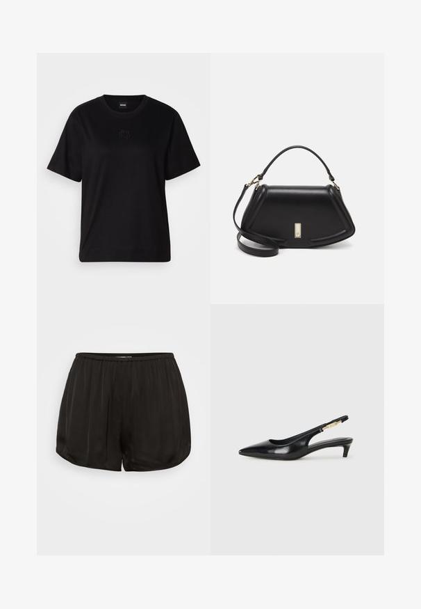 T-shirt en coton noir avec un col rond, des manches courtes et un logo brodé sur la poitrine. Coupe simple et décontractée sans motifs.; Un short en satin noir avec une taille élastique, présentant un design plissé. Les bords sont arrondis pour un ajustement ample et une texture lisse.; Talons hauts en cuir noir avec un bout pointu, dotés d'un talon fin et d'un accent en ton or sur la lanière réglable. Texture lisse.; Sac à main en cuir noir avec un design structuré, featuring une forme cropped, une poignée supérieure et des accents en matériel doré. Bandoulière réglable incluse.