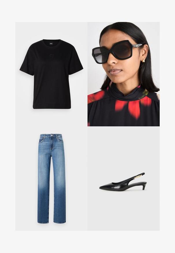 Musta puuvillapaita, jossa on pyöreä kaula-aukko, lyhyet hihat ja brodeerattu logo rinnassa. Yksinkertainen, rento istuvuus ilman kuvioita.; Vaaleansiniset farkut, joissa on pystysuuntaiset valkoiset raidat, suora lahkeiden muotoilu, viisi taskua ja napitus vyötäröllä.; Mustat nahkaiset slingback-korkokengät, joissa on terävä kärki, ohuet korot ja kultasävytteinen yksityiskohta säädettävässä hihnassa. Silkkinen pinta.; Mustat ylisuuret aurinkolasit geometrisella kehyksellä, tummennetut linssit ja kultasävyiset yksityiskohdat, yhdistettynä kukkakuosisella korkeakaulaisella paidalla.