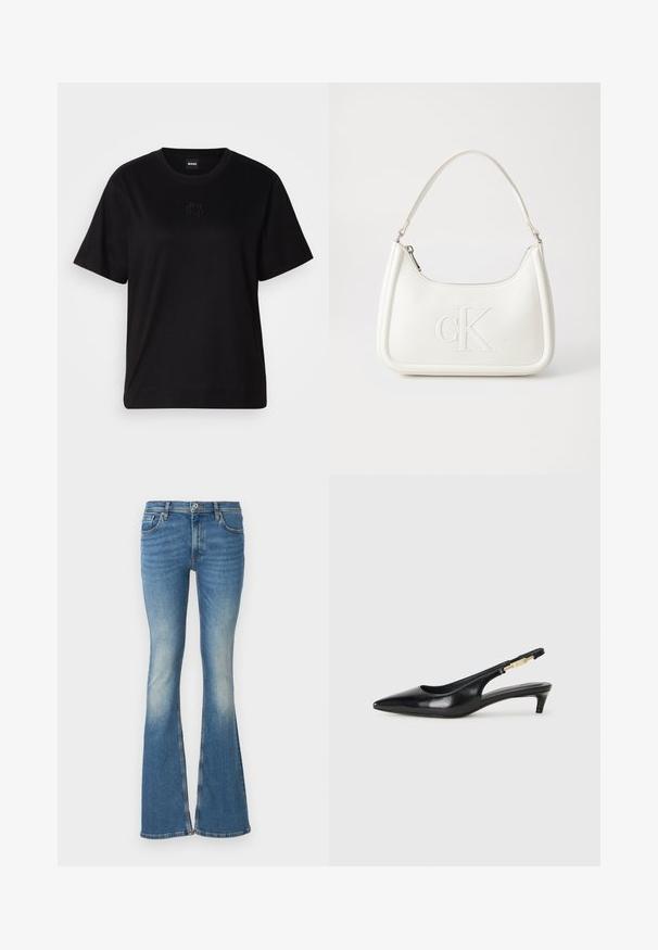Melna kokvilnas T-krekls ar apaļu izgriezumu, īsām piedurknēm un izšūtu logotipu uz krūtīm. Vienkāršs, brīvs piegriezums bez rakstiem.; Zili flared džinsi ar izbalinātu mazgāšanu, ar vidēji augstu jostasvietu, piecām kabatām un izšūtām detaļām gar malām.; Melnas ādas slingback zābaki ar smailu purngalu, ar šauru papēdi un zelta krāsas akcentu uz regulējama siksniņas. Gluda tekstūra.; Balta ādas rokassoma ar noapaļotu formu, uz kuras priekšpuses ir izgriezts "CK" logo un viena plecu siksna. Augšā aizverama ar rāvējslēdzēju.