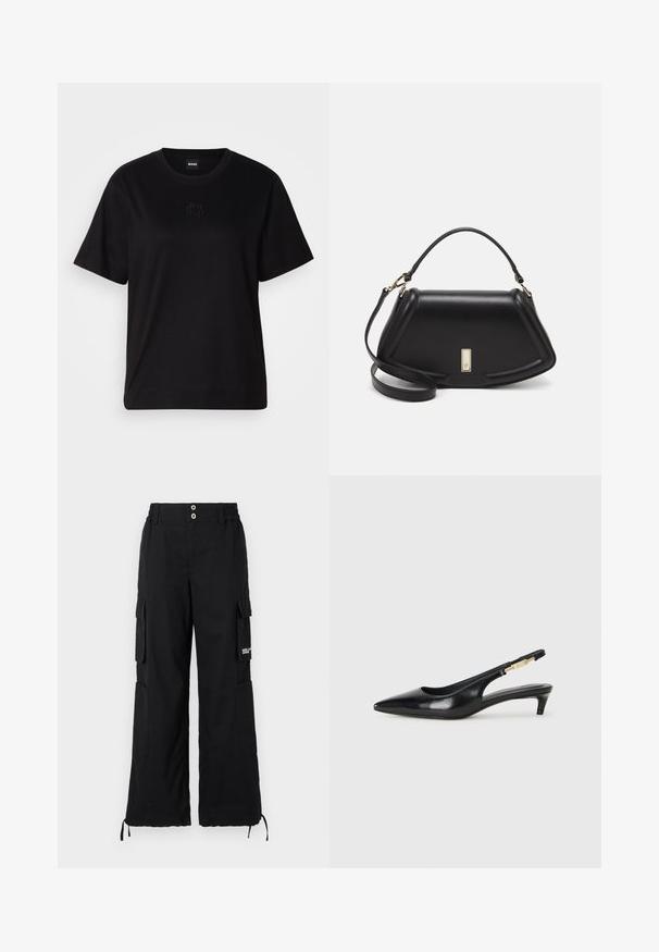 Musta puuvillapaita, jossa on pyöreä kaula-aukko, lyhyet hihat ja brodeerattu logo rinnassa. Yksinkertainen, rento istuvuus ilman kuvioita.; Mustat cargo-housut rennolla leikkauksella, joissa on useita sivutaskuja, elastinen vyötärönauha ja säädettävät nyörit helman kohdalla.; Mustat nahkaiset slingback-korkokengät, joissa on terävä kärki, ohuet korot ja kultasävytteinen yksityiskohta säädettävässä hihnassa. Silkkinen pinta.; Mustalla nahkalaukulla, jossa on jämäkkä muotoilu, lyhyt malli, yläkahva ja kultaiset yksityiskohdat. Säädettävä olkahihna sisältyy.