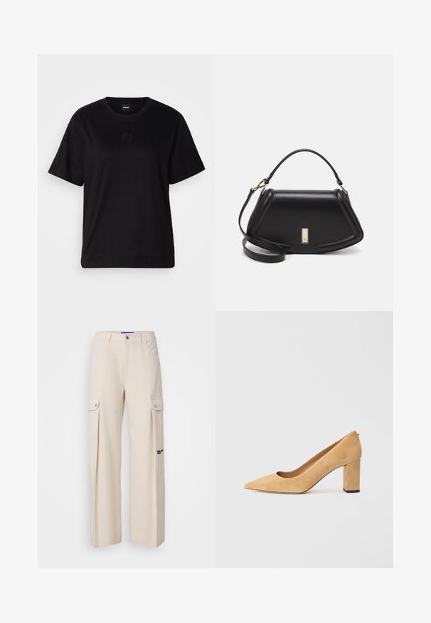 Svart bomullströja med rund halsringning, korta ärmar och en broderad logotyp på bröstet. Enkel, avslappnad passform utan mönster.; Karl Lagerfeld Jeans PLEATED CARGO - Cargobyxor - whitecap gray; Beige mockasinhög klack med spetsig tå och en kraftig blockklack. Materialet har en mjuk textur med en slät yta.; Svart läderhandväska med en strukturerad design, som har en avskuren form, ett handtag upptill och guldiga detaljer. Justerbar axelrem ingår.