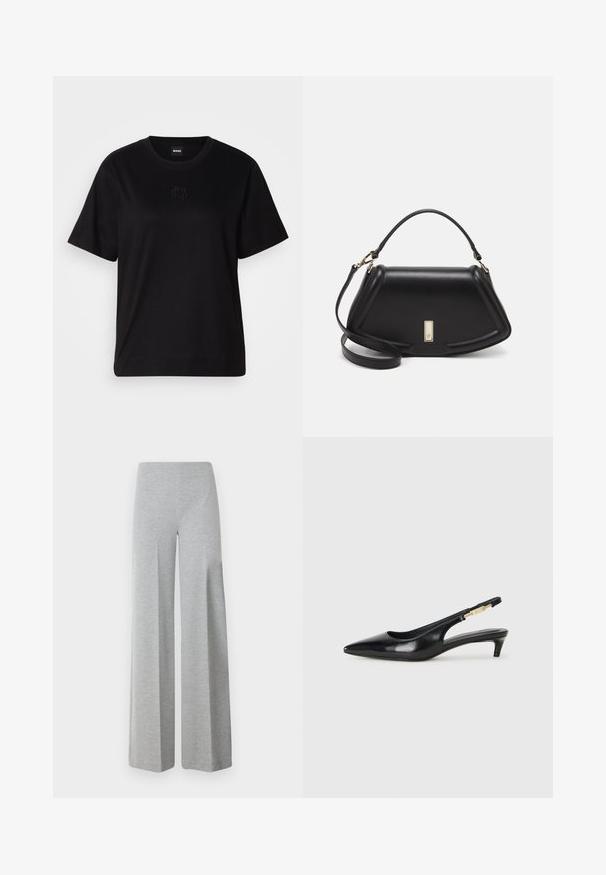 Svart bomull T-skjorte med rund hals, korte ermer og et brodert logo på brystet. Enkel, avslappet passform uten mønstre.; Grå vide bukser laget av myk, elastisk stoff. Har høy midje og et glatt, minimalistisk design uten ekstra detaljer.; Sorte lærreim hæler med spiss tå, som har en slank hæl og en gullfarget detalj på den justerbare stroppen. Glatt tekstur.; Sort lærveske med en strukturert design, som har en avkortet form, topphåndtak og detaljer i gull. Justerbar skulderstropp inkludert.