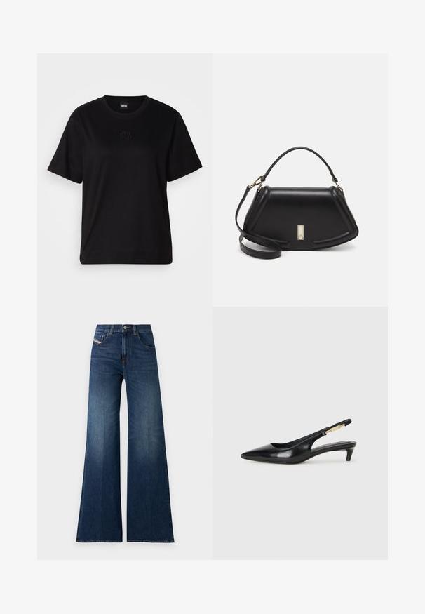 T-shirt en coton noir avec un col rond, des manches courtes et un logo brodé sur la poitrine. Coupe simple et décontractée sans motifs.; Jean large bleu foncé en denim. Comprend cinq poches, une fermeture à bouton et à glissière standard, et un léger dégradé le long des jambes.; Talons hauts en cuir noir avec un bout pointu, dotés d'un talon fin et d'un accent en ton or sur la lanière réglable. Texture lisse.; Sac à main en cuir noir avec un design structuré, featuring une forme cropped, une poignée supérieure et des accents en matériel doré. Bandoulière réglable incluse.