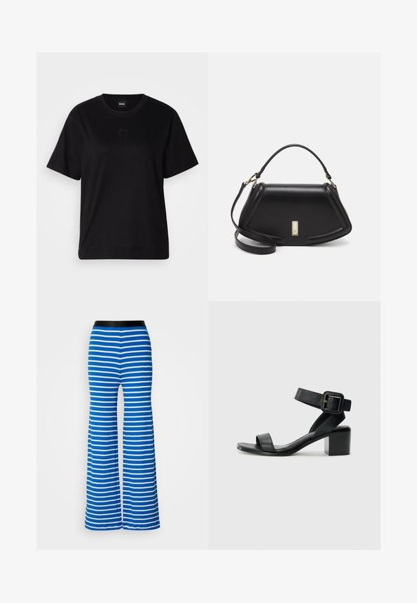 T-shirt negru din bumbac, cu guler rotund, mâneci scurte și un logo brodat pe piept. Design simplu, cu o croială relaxată și fără modele.; Pantaloni evazați cu dungi albastre și albe, având un brâu elastic negru. Prezintă o textură netedă și dungi orizontale uniforme pe toată lungimea.; Sandale cu toc din piele neagră, cu bareta de gleznă ajustabilă, design cu vârf deschis și toc pătrat. Textură netedă, stil minimal. ; Geantă de umăr din piele neagră, cu un design structurat, având o formă tăiată, mânere superioare și accente din aur. Include o curea de umăr ajustabilă.