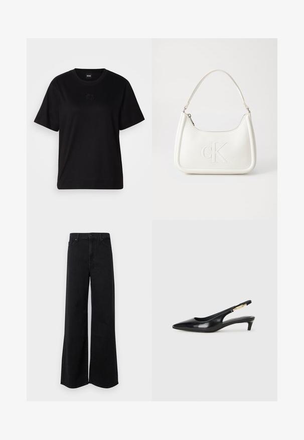 Czarny bawełniany t-shirt z okrągłym dekoltem, krótkimi rękawami i haftowanym logo na piersi. Prosty, luźny krój bez wzorów.; Szerokie czarne dżinsy z wysokim stanem, z zapięciem na guziki, kieszeniami z przodu i czystym wykończeniem na nogawkach.; Czarne skórzane szpilki typu slingback z ostrym noskiem, posiadające smukły obcas i złoty akcent na regulowanym pasku. Gładka tekstura.; Biała skórzana torebka o zaokrąglonym kształcie, z wytłoczonym logo "CK" z przodu i pojedynczym paskiem na ramię. Zapięcie na zamek z góry.