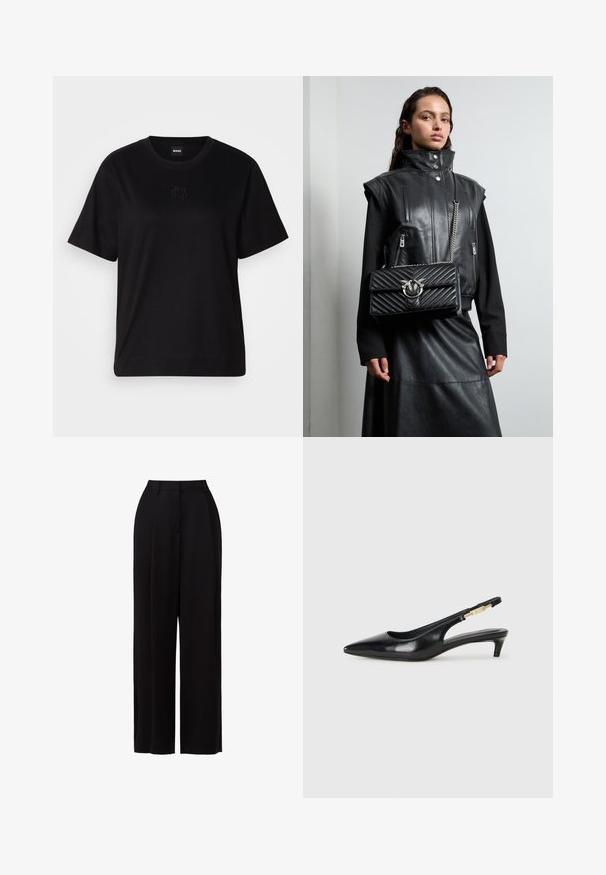 Svart bomull T-skjorte med rund hals, korte ermer og et brodert logo på brystet. Enkel, avslappet passform uten mønstre.; Svart vide bukser i lett materiale, med høy liv, frontfolder og minimalistisk design uten synlige lommer eller metallkomponenter.; Sorte lærreim hæler med spiss tå, som har en slank hæl og en gullfarget detalj på den justerbare stroppen. Glatt tekstur.; Svart skinnvest med høyt krage, glidelås-lommer og en svart kviltet håndveske med sølvdetaljer, brukt sammen med et langt svart skjørt.