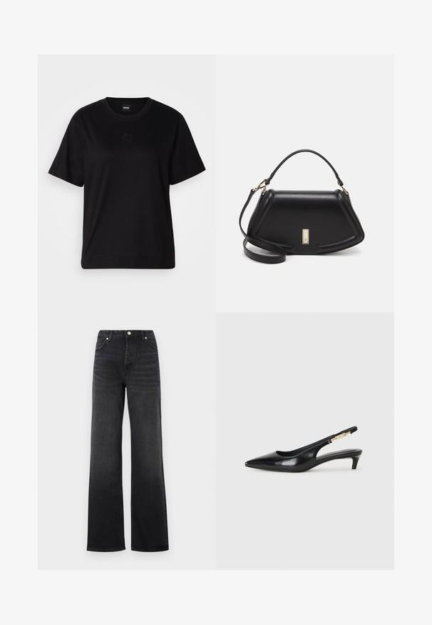 Black cotton t-shirt with a crew neckline, short sleeves, and an embroidered logo on the chest. Simple, relaxed fit with no patterns.; Black high-waist wide-leg jeans with button closure and front pockets, showing slight faded detailing on the thighs.; Black leather slingback heels with a pointed toe, featuring a slim heel and a gold-tone accent on the adjustable strap. Smooth texture.; Black leather handbag with a structured design, featuring a cropped shape, top handle, and gold hardware accent. Adjustable shoulder strap included.