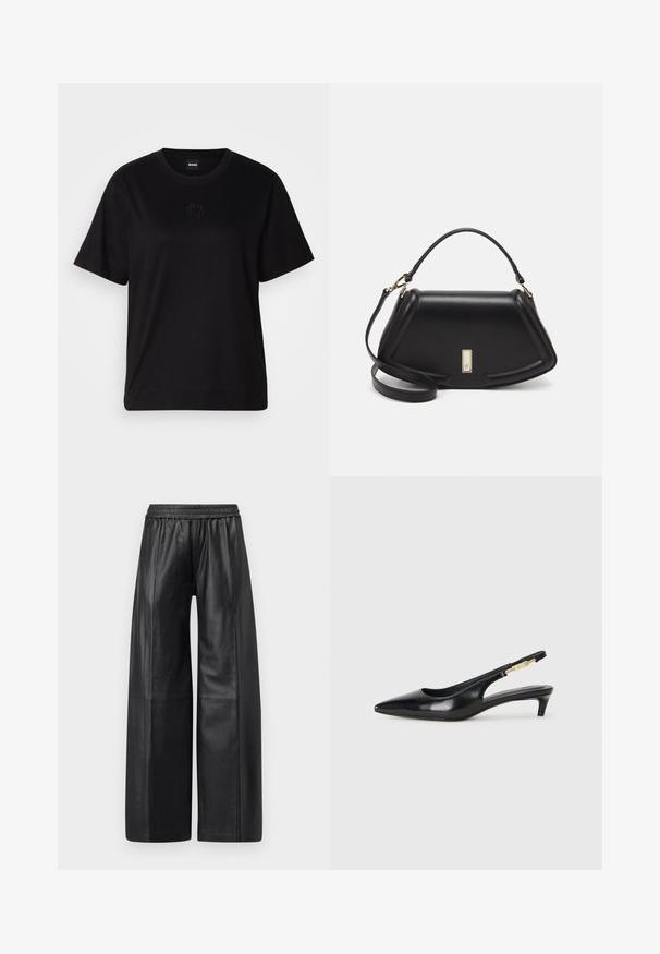 Mustmust särk, millel on ümar kaelus, lühikesed varrukad ja tindiga tikitud logo rinnal. Lihtne, mugav lõige ilma mustriteta.; Mustad nahast laiad püksid, millel on elastne vöökoht, vertikaalsed õmblused, mis tagavad kohandatud sobivuse ning sileda tekstuuri.; Mustad nahast slingback kontsad terava ninaga, millel on õhuke konts ja kuldse tooni aktsent reguleeritaval rihmal. Sile tekstuur.; Must mustrist käekott, millel on struktureeritud disain, lühendatud kuju, ülemine käepide ja kuldne metallist detail. Reguleeritav õlalihm on kaasas.