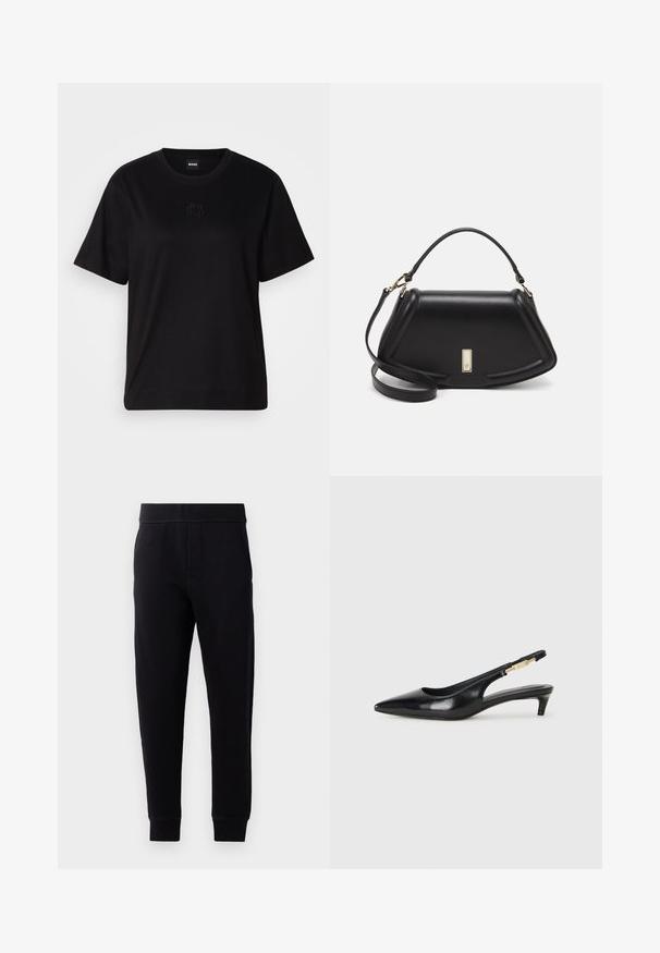Črna bombažna majica s krožnim izrezom, kratkimi rokavi in izvezenim logotipom na prsih. Preprosta, sproščena silhueta brez vzorcev.; Črne trenirke iz mehkega materiala, z elastičnim pasom, ožjim krojem, stranskimi žepi in zoženimi manšetami pri gležnjih.; Črne usnjene sandale na peto z ostro konico, ki imajo tanko peto in zlat ton na nastavljivem traku. Gladka tekstura.; Črna usnjena torbica s strukturnim dizajnom, ki ima skrajšano obliko, zgornji ročaj in zlate dodatke. Vključena je nastavljiva ramenska naramnica.