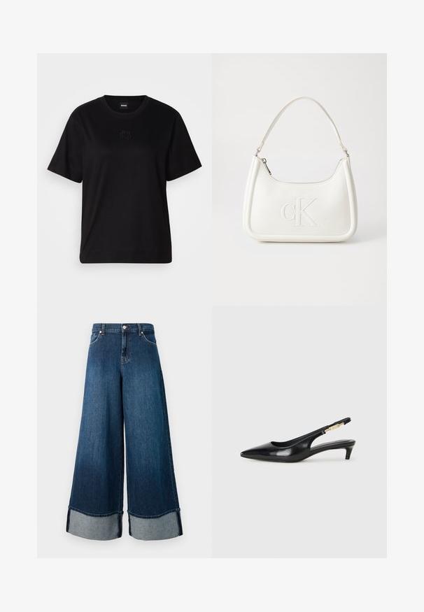 Fekete pamut póló kerek nyakkivágással, rövid ujjakkal és hímzett logóval a mellkasán. Egyszerű, laza szabás, minta nélkül.; Sötét mosású, széles szárú farmernadrág, elhalványult felülettel. Nyers szegéllyel és világosabb farmer anyagú mandzsettával rendelkezik. Elülső zsebekkel és gombos záródással készült.; Fekete bőr slingback magassarkúk, hegyes orral, vékony sarkakkal és arany színű részlettel a állítható pánton. Simа felület.; Fehér bőrtáska ívelt formájú, elöl feltűnő "CK" logóval, egyetlen vállpánttal. Cipzáras zárás a tetején.