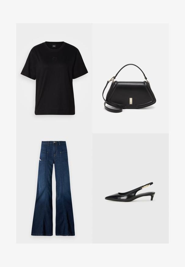 Juodas medvilninis marškinėliai su apvalia iškirpte, trumpomis rankovėmis ir siuvinėjimu ant krūtinės. Paprastas, laisvas siluetas be raštų.; Tamsiai mėlyni platėjantys džinsai su aukštu juosmeniu, didelėmis priekinių kišenėmis ir kontrastinga siūle. Savybė yra mygtuko užsegimas ir tekstūruotas džinsinis audinys.; Juodas odinis pavasario batelių modelis su smailiu nosiu, turintis siaurą kulniuką ir auksinės spalvos akcentu reguliuojamoje juostoje. Lygi tekstūra.; Juoda odinė rankinė su struktūrizuotu dizainu, turi trumpą formą, viršutinę rankeną ir auksinius akcentus. Pridėtas reguliuojamas peties diržas.