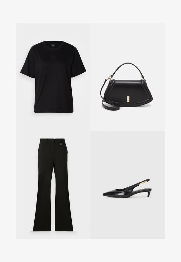 Czarny bawełniany t-shirt z okrągłym dekoltem, krótkimi rękawami i haftowanym logo na piersi. Prosty, luźny krój bez wzorów.; Czarne spodnie dzwony o gładkiej strukturze, z przednimi zakładkami, eleganckim paskiem i małym ozdobnym metalowym akcentem.; Czarne skórzane szpilki typu slingback z ostrym noskiem, posiadające smukły obcas i złoty akcent na regulowanym pasku. Gładka tekstura.; Czarna skórzana torebka o strukturalnym designie, z przyciętą formą, górnym uchwytem i złotymi akcentami. W zestawie regulowany pasek na ramię.