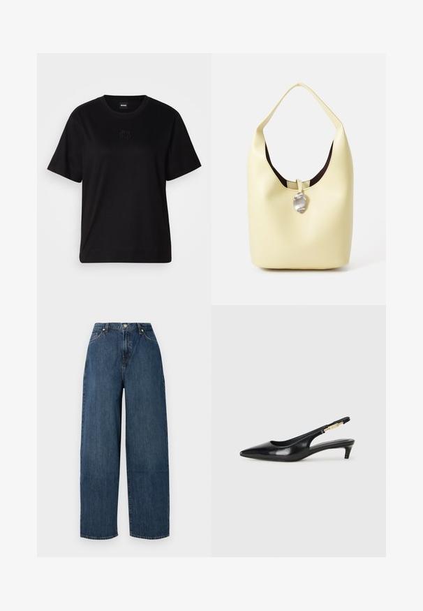 Crna pamučna majica s okruglim izrezom, kratkim rukavima i izvezenim logotipom na prsima. Jednostavan, opušten kroj bez uzorka.; Široke traperice tamnoplave boje. Izrađene od čvrstog pamuka s glatkom teksturom. Imaju kopčanje na gumbe i klasičan dizajn s pet džepova.; Crne kožne sandale s petom, s izduženim vrhom, imaju usku petu i zlatni akcent na podesivoj traci. Glatka tekstura.; Torba tip hobo u mekom žutom koži s okruglim oblikom. Ima glatku površinu, tamnu unutrašnjost i srebrni naglasak na zatvaranju.