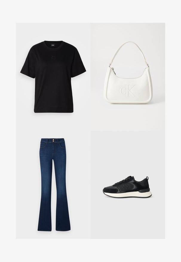 Čierne bavlnené tričko s okrúhlym výstrihom, krátkymi rukávmi a vyšívaným logom na hrudi. Jednoduchý, voľný strih bez vzorov.; Tmavomodré džínsy s rozšírenými nohavicami, vysokým pásom, dvoma prednými a dvoma zadnými vreckami, s hladkou textúrou a jemnými detailmi v švíkoch.; Čierna atletická obuv s hladkým koženým zvrškom, semišovými akcentmi, okrúhlou špičkou a kontrastnou bielou medzipodrážkou. Zahrnuje šnurovanie a detail s logom.; Biela kožená kabelka s zakriveným tvarom, na prednej strane s embosovaným logom "CK" a jedným ramenným popruhom. Zipsové zapínanie navrchu.
