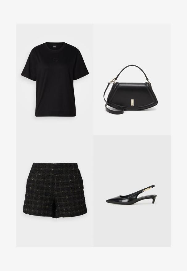 Čierne bavlnené tričko s okrúhlym výstrihom, krátkymi rukávmi a vyšívaným logom na hrudi. Jednoduchý, voľný strih bez vzorov.; Čierne tweedové šortky s textúrovaným povrchom, s mriežkovým vzorom zo zlatých nití, zúženým strihom a stredne vysokým pásom.; Čierne kožené slingback opätky s špicatou špičkou, s úzkym opätkom a zlatým detailom na nastaviteľnom remienku. Hladká textúra.; Čierna kožená kabelka so štruktúrovaným dizajnom, s krátkym tvarom, hornou rúčkou a zlatými prvkami. Súčasťou je nastaviteľný ramenný popruh.