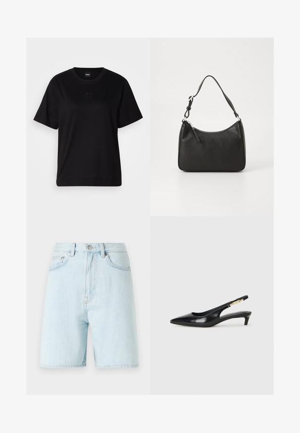 Fekete pamut póló kerek nyakkivágással, rövid ujjakkal és hímzett logóval a mellkasán. Egyszerű, laza szabás, minta nélkül.; Világoskék farmer rövidnadrág magas derekú fazonnal, öt zsebes kialakítással és sárgaréz gombos záródással. Finom varrásokkal és nyers szélű aljjal rendelkezik.; Fekete bőr slingback magassarkúk, hegyes orral, vékony sarkakkal és arany színű részlettel a állítható pánton. Simа felület.; Fekete bőrtáska ívelt formával, egyetlen pánttal, cipzáras záródással és diszkrét logóval az elején. Simább textúra, minimalista dizájn.