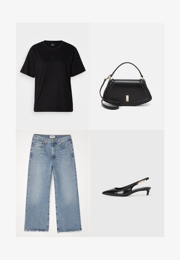 T-shirt en coton noir avec un col rond, des manches courtes et un logo brodé sur la poitrine. Coupe simple et décontractée sans motifs.; Agolde HARPER CROP - Wide Leg - blue; Talons hauts en cuir noir avec un bout pointu, dotés d'un talon fin et d'un accent en ton or sur la lanière réglable. Texture lisse.; Sac à main en cuir noir avec un design structuré, featuring une forme cropped, une poignée supérieure et des accents en matériel doré. Bandoulière réglable incluse.