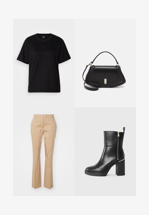 Black cotton t-shirt with a crew neckline, short sleeves, and an embroidered logo on the chest. Simple, relaxed fit with no patterns.; Beige tailored trousers with a straight leg design, made from smooth fabric, featuring a flat front and no visible pockets.; Black ankle boot made of smooth leather, featuring a side zipper and a textured block heel. Slip-on design with a rounded toe.; Black leather handbag with a structured design, featuring a cropped shape, top handle, and gold hardware accent. Adjustable shoulder strap included.