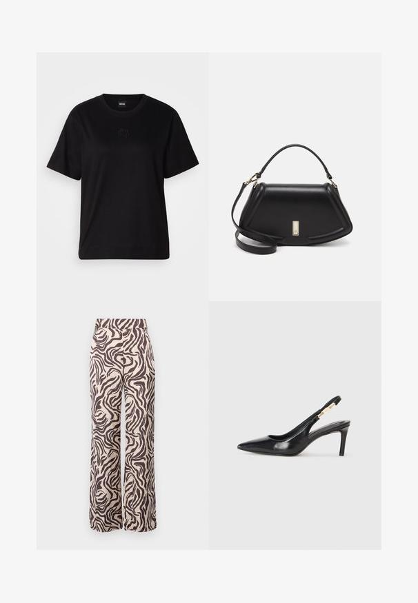 Schwarzes Baumwoll-T-Shirt mit Rundhalsausschnitt, kurzen Ärmeln und aufgesticktem Logo auf der Brust. Einfacher, lässiger Schnitt ohne Muster.; Hose mit weitem Bein aus leichtem Stoff, mit beigem Hintergrund und braunen Zebramustern sowie einem flachen Bund.; Schwarzer Leder-Slingback-High-Heel-Schuh mit spitzem Zeh, glatter Textur und schmalem Knöchelriemen, der mit goldenen Hardware-Akzenten verziert ist.; Schwarze Lederhandtasche mit einem strukturierten Design, das eine verkürzte Form, einen oberen Griff und goldfarbene Hardware-Details aufweist. Verstellbarer Schulterriemen ist enthalten.