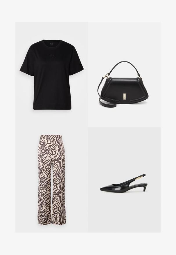 Black cotton t-shirt with a crew neckline, short sleeves, and an embroidered logo on the chest. Simple, relaxed fit with no patterns.; Wide-leg trousers made of lightweight fabric featuring a beige background with brown zebra stripes and a flat waistband.; Black leather slingback heels with a pointed toe, featuring a slim heel and a gold-tone accent on the adjustable strap. Smooth texture.; Black leather handbag with a structured design, featuring a cropped shape, top handle, and gold hardware accent. Adjustable shoulder strap included.