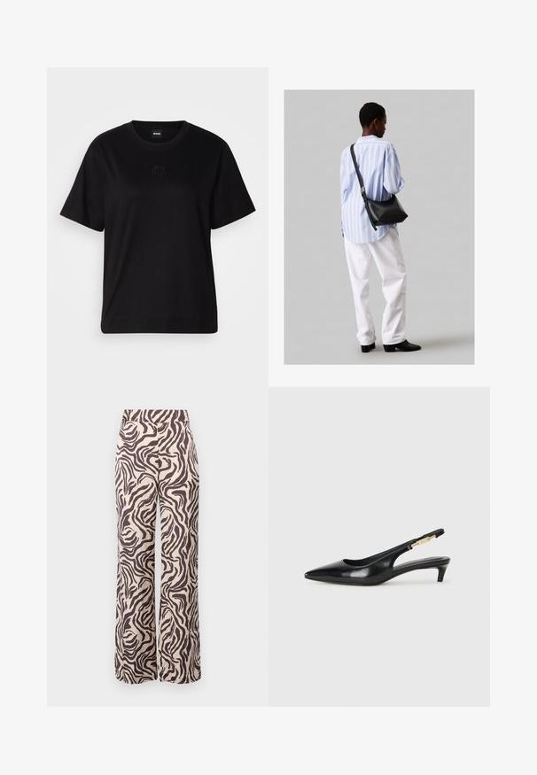 Mustmust särk, millel on ümar kaelus, lühikesed varrukad ja tindiga tikitud logo rinnal. Lihtne, mugav lõige ilma mustriteta.; Laiene jalad, mis on valmistatud kerge materjali, millel on beež taust ja pruunid lõvistriped ning sirge vöökoht.; Mustad nahast slingback kontsad terava ninaga, millel on õhuke konts ja kuldse tooni aktsent reguleeritaval rihmal. Sile tekstuur.; Must have mustras alasi nahkpatsi, pehme tekstuuriga, kolmnurkse kujuga ja reguleeritava rihmaga, koos helesinise triibulise särgi ja valgete pükstega.