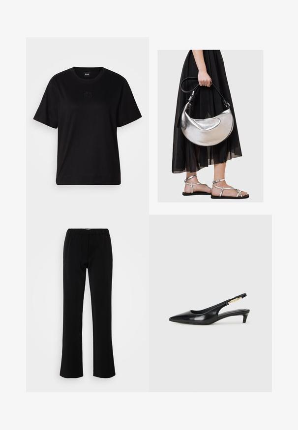Svart bomull T-skjorte med rund hals, korte ermer og et brodert logo på brystet. Enkel, avslappet passform uten mønstre.; Svarte bukser med vid design, laget av et glatt stoff. Har strikk i livet for komfort og en ren, enkel silhuett.; Sorte lærreim hæler med spiss tå, som har en slank hæl og en gullfarget detalj på den justerbare stroppen. Glatt tekstur.; Metallisk sølv lærveske med en buet, halvmåneform og svart stropp. Båret med et svart, gjennomsiktig, flytende skjørt og sølvsandaler.