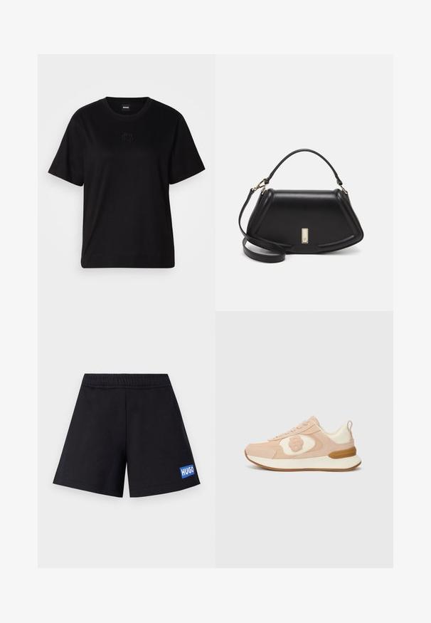 Black cotton t-shirt with a crew neckline, short sleeves, and an embroidered logo on the chest. Simple, relaxed fit with no patterns.; Black shorts with a relaxed fit, elastic waistband, and blue "HUGO" logo on the left thigh; made from soft, breathable material.; Pink suede sneaker with cream accents, featuring a logo on the side, flat laces, a cushioned sole, and a textured rubber outsole.; Black leather handbag with a structured design, featuring a cropped shape, top handle, and gold hardware accent. Adjustable shoulder strap included.