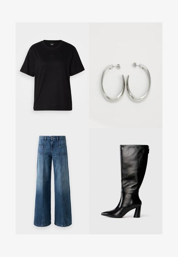 Melna kokvilnas T-krekls ar apaļu izgriezumu, īsām piedurknēm un izšūtu logotipu uz krūtīm. Vienkāršs, brīvs piegriezums bez rakstiem.; Platas kājas džinsi izbalējušā zilā denimā. Iespējas: piecas kabatas, pogu un rāvējslēdzēja aizdare, redzami izšuvumi un brīva piegriezuma. ; Ceļgala augstumā melnas ādas zābaki ar saplacinātu purngalu, gludu tekstūru un masīlu papēdi. Aizmugurē ir rāvējslēdzēja detalizācija.; Sudraba riņķveida auskari ar gludu, izliekta dizaina formu. Iezīmējas ar spīdīgu metāla apdari un pievienojamu aizdari. Nav redzamu rakstu vai akcentu.