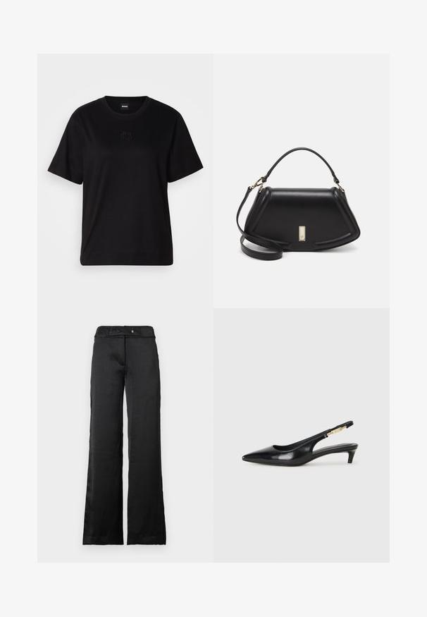 Svart bomullströja med rund halsringning, korta ärmar och en broderad logotyp på bröstet. Enkel, avslappnad passform utan mönster.; Svarta vida byxor med en slät textur, med midja och knappstängning. Enkel design, lämplig för olika tillfällen.; Svart läder slingback-hälar med spetsig tå, med en smal klack och en guldtonad detalj på den justerbara remmen. Slät textur.; Svart läderhandväska med en strukturerad design, som har en avskuren form, ett handtag upptill och guldiga detaljer. Justerbar axelrem ingår.