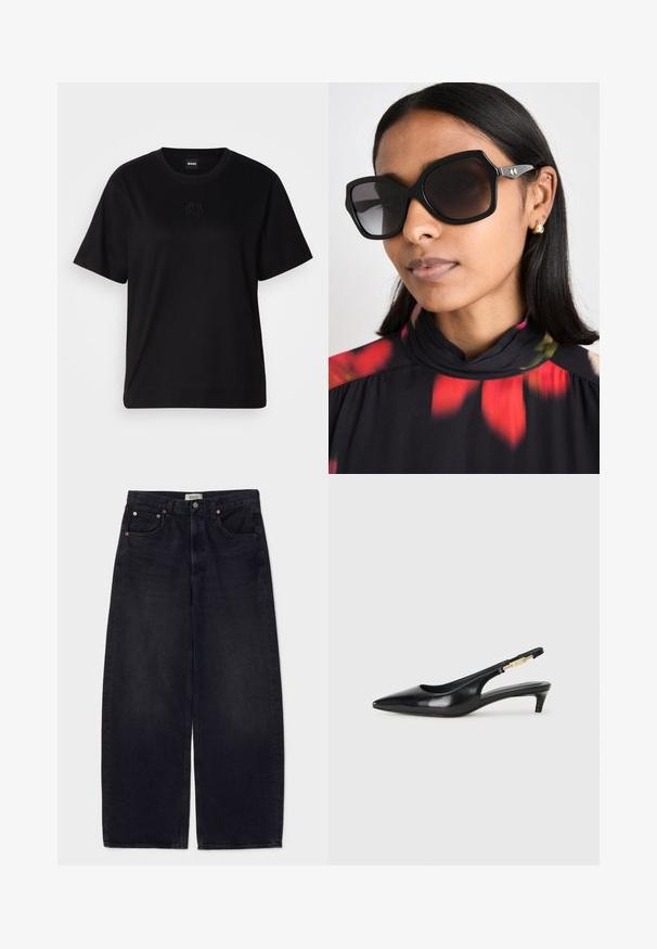 Czarny bawełniany t-shirt z okrągłym dekoltem, krótkimi rękawami i haftowanym logo na piersi. Prosty, luźny krój bez wzorów.; Szerokie czarne dżinsy z denimu z miedzianymi guzikami, dwoma przednimi kieszeniami i gładką fakturą. Czysty design z prostym krojem.; Czarne skórzane szpilki typu slingback z ostrym noskiem, posiadające smukły obcas i złoty akcent na regulowanym pasku. Gładka tekstura.; Czarne, duże okulary przeciwsłoneczne o geometrycznej oprawie, ciemne soczewki i złote akcenty, noszone z topem w kwiatowy wzór i wysokim kołnierzem.