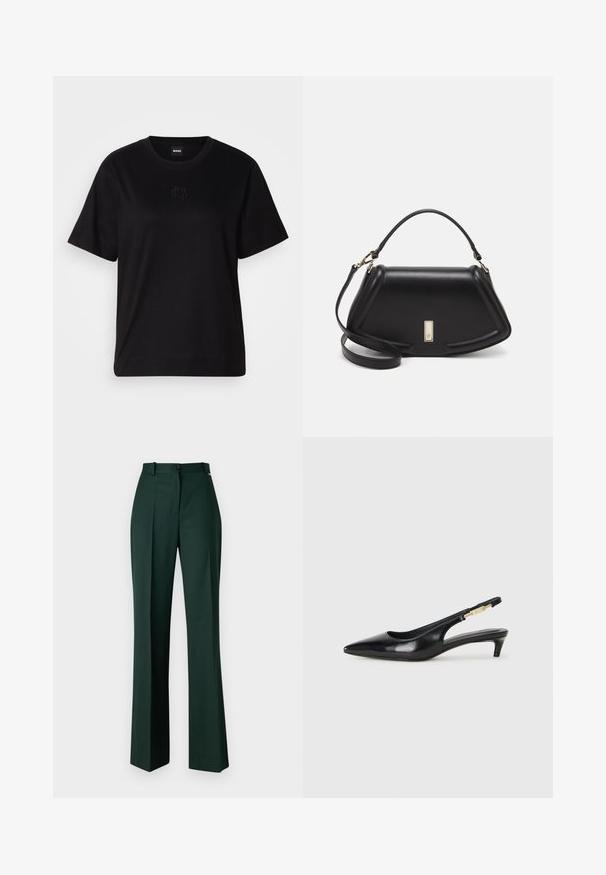 Black cotton t-shirt with a crew neckline, short sleeves, and an embroidered logo on the chest. Simple, relaxed fit with no patterns.; Green tailored trousers made of a smooth fabric, featuring a straight-leg design, pleats, and a single button closure at the waistband.; Black leather slingback heels with a pointed toe, featuring a slim heel and a gold-tone accent on the adjustable strap. Smooth texture.; Black leather handbag with a structured design, featuring a cropped shape, top handle, and gold hardware accent. Adjustable shoulder strap included.